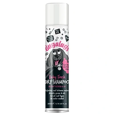 Image of Dry dog shampoo by Bugalugs with fragrance removes oil &amp; grease, grooming products for smelly dogs, best puppy shampoo, professional groom Vegan pet (Baby Fresh)