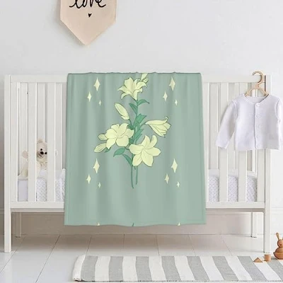 Image of Cartoon White Lilies Baby Blankets Flannel and Velour Material Light Weight Warm Enough Breathable No Harmful Substances Soft Touch Suitable Designed for Babies