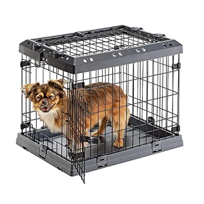 Image of Ferplast Dog Crate Cage Folding for Small Dogs, Chew Resistant Plastic Base Metal Cage, Divider and Wheels included, Double lock, 2 Doors, XS, 62 x 47 h 50 cm.