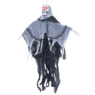 Image of SHATCHI 90cm LED Flashing Eyes Skeleton in Chain Scary Sound Poseable Hands Flying Ghost Skull Halloween Hanging Decoration Grim Reaper Haunted House Prop Spooky, Polyester, Black, 3Ft