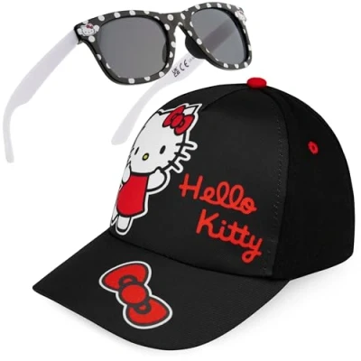 Image of Get Trend Hello Kitty Sunglasses Baseball Cap Set Girls Kawaii Adjustable Summer Sun Hat and UV400 Kids Travel Essentials (Black Kitty)