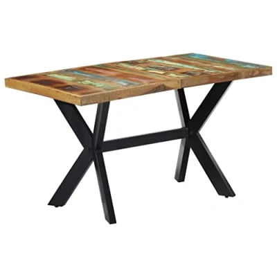 Image of vidaXL 140x70x75cm Reclaimed Wood Dining Table Multicolour, Powder Coated Steel Legs, Industrial, Rectangular, Handmade, Solid Desk