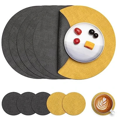 Image of Myir JUN Leather Placemats and Coaster Set of 4, Table Mats Round Waterproof Dual Sided Kitchen Place Coffee Heat Resistant Placemat Non Slip Washable (set 6, Grey Yellow)