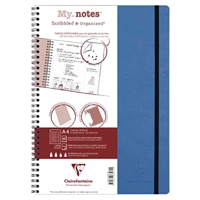 Image of Clairefontaine 783464C Collection Age Bag One Spiral Notebook with Detachable Margins My.Notes Blue A4 21x29.7cm 120 Lined Pages 90gsm White Paper Glossy Leather Grain Card Cover