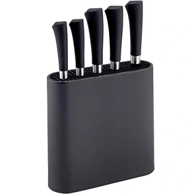 Image of NETTA Kitchen Knife Set with Block 6 Piece Stainless Steel Including 5 Knives Ergonomic Soft Grip Handles and Safe Storage Holder Black