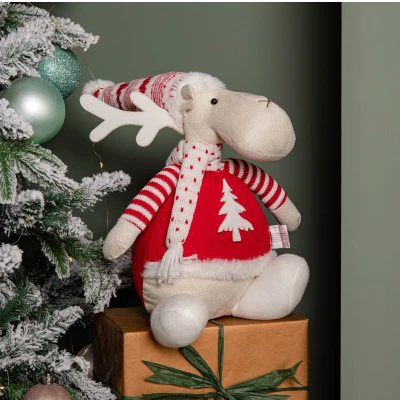 Image of 40cm Battery Operated Light up Sitting Christmas Reindeer in Red &amp; White Jumper