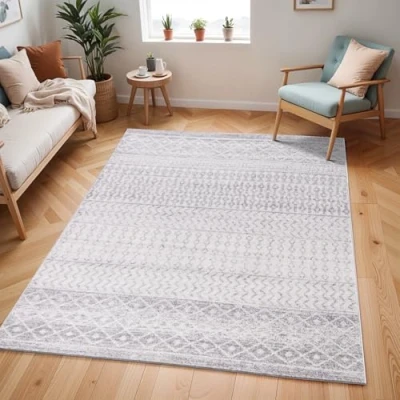 Image of Livabliss Nice Geometric Rug Scandi Area Rugs Living Room 200x274 cm, Dining, Kitchen Neutral, Abstract Patterned Rugs, Boho Style, Easy Care Pile Large Rug, Light Grey and White