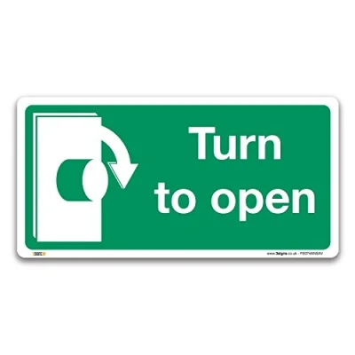 Image of Turn To Open Clockwise Sign, Self adhesive Vinyl Sticker 100x50mm, British Standard Fire Safety Door Signs