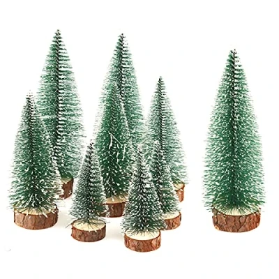 Image of Yisscen Pack of 9 Artificial Christmas Trees, 3 Sizes, Small Tree with Wooden Base, Tree, Table Decoration, Shop Window