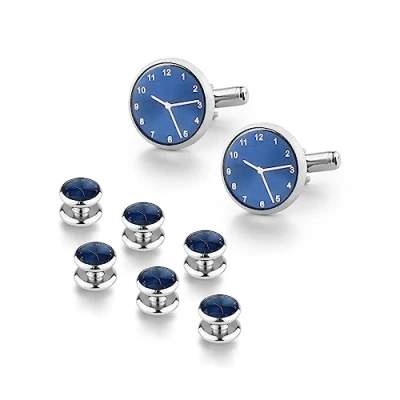 Image of Cufflinks for Men 8pcs Mens and Studs, Tuxedo Shirt Studs Set Wedding Valentines Festival Birthday Anniversary Graduation Gift (Blue Clock)