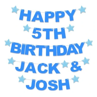 Image of Personalised Happy 5th Birthday Name &amp; Twins Recyclable Card Party Bunting