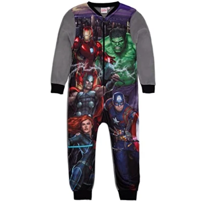 Image of Marvel Avengers Boys Onesie In Grey Kids All One Superhero Fleece Jumpsuit Loungewear Pyjamas Iron Man, Hulk, Thor, &amp; Captain America PJs Nightwear Pajama Merchandise Gift for Children