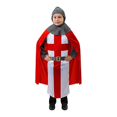 Image of Childs Knight Costume Medium Boys and Girls Medieval Fancy Dress St George&#039;s Cross Tunic + Red Cape Coif Lionheart King Arthur