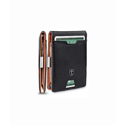 Image of TRAVANDO Wallet Mens with Money Clip London RFID Blocking Slim Credit Card Holder Mini Bifold for Men Gift Box (Black &amp; Orange)