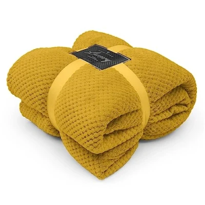 Image of GC GAVENO CAVAILIA Teddy Sherpa Fleece Blanket Thermal Warm Waffle Throw Over Sofa Bed Travel Bedspread Pop Corn Blanket, 200 x 240 cm, Ochre