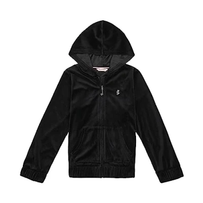 Image of Juicy Couture Girls&#039; Plush Velour Hoodie Sweatshirt Hooded, Deep Black/Studs, 7