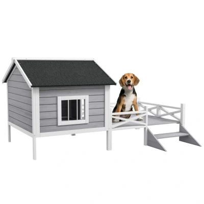Image of PawHut Wooden Dog House w/Porch Water Resistant Roof for S M Dogs Grey