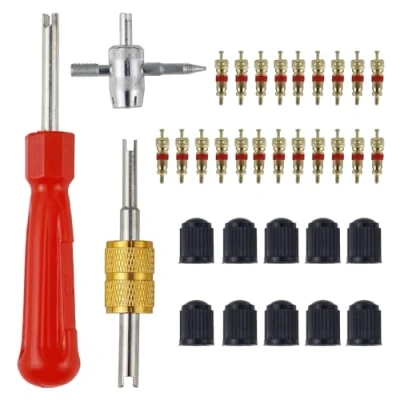 Image of 33 Pcs Car Tyre Valve Removal Tool Set Repair Kit Dual &amp; Single Head Core Remover 4 Way 10 Tire Caps 20Pcs Cores Fit for Bicycle Auto