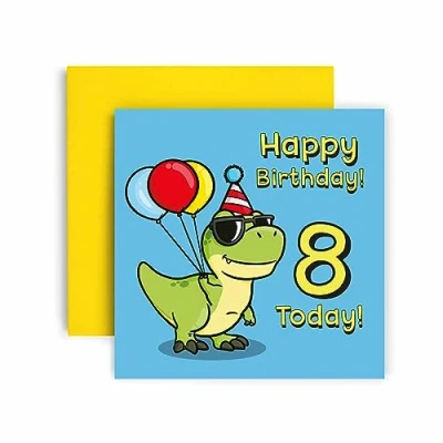 Image of Huxters 8th Birthday Card Dinosaur Cards for Boys T Rex Happy Son or Daughter Brother Sister Friend Envelope (8th)