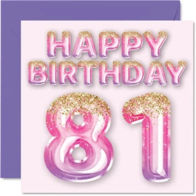 Image of 81st Birthday Card for Women Pink &amp; Purple Glitter Balloons Happy Cards 81 Year Old Woman Mum Great Nanny Grandma Gran, 145mm x Eighty One First Bday Greeting Gift