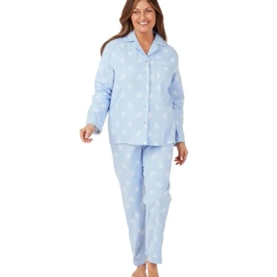 Image of Marlon Womens Blanche Printed Brushed Cotton Piped Revere Collar Pyjama, Blue Leaf, 24 26