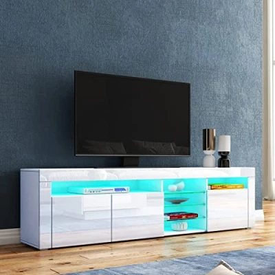 Image of AWOOOD 1800mm LED TV Cabinet Modern High Gloss Stand Storage Unit with 3 Doors &amp; Glass Shelves Sideboard for Living Room Bedroom Furniture, White