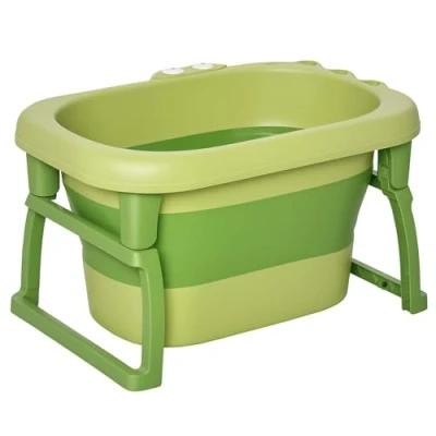 Image of HOMCOM Baby Bathtub for 0 6 Years Collapsible Non Slip Portable with Stool Seat Newborns Infants Toddlers Kids Green