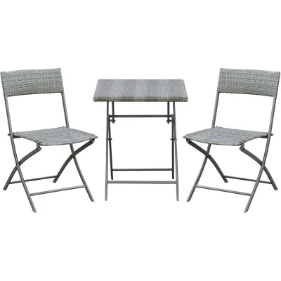 Image of Outsunny 3 Pieces Rattan Bistro Set, Wicker Folding Garden Furniture Set with Coffee Table and Chairs, for Outdoor, Patio, Balcony, Grey