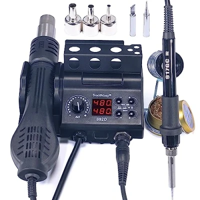 Image of Soldering Iron Station, 2 in 1 hot air Gun Rework Station Kit, Kit with 3 Tips, nozzles, Calibration and Sleep Function