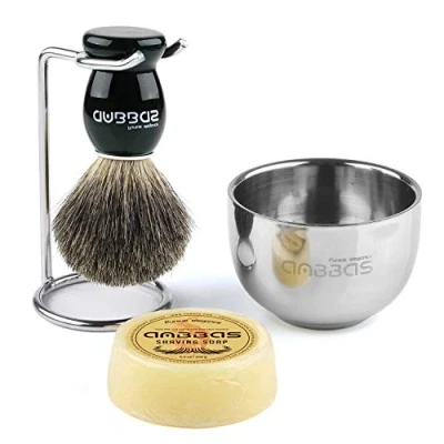 Image of Anbbas Badger Bristles Shave Brush Black Wood Handle,Stainless Steel Shaving Soap Bowl and Holder Stand Set with 3.5OZ 4in1 Kit for Men Gift