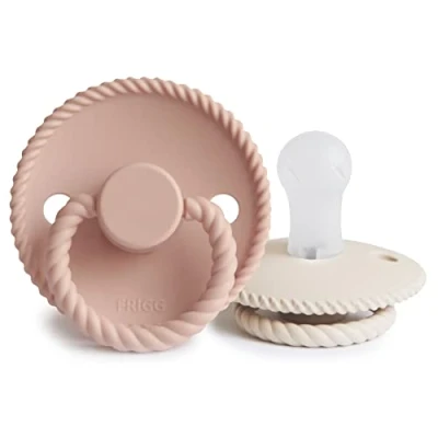 Image of FRIGG Rope Silicone Pacifier Pack of 2 Soother Dummy BPA Free Made in Denmark Symmetrical Cherry Shaped Nipple (Blush/Cream (0 6 Months))
