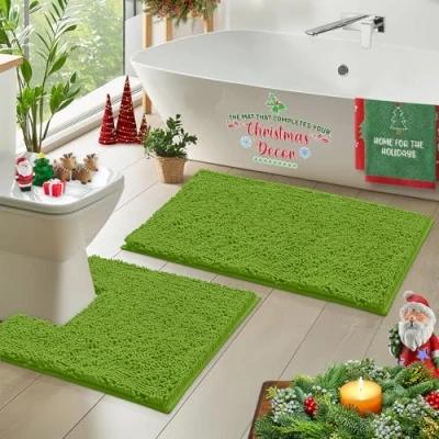 Image of LuxUrux Bath Mat Set Non Slip Bathroom and Square Cut Out Pedestal for Toilet Perfect Modern Décor. (Green, 50 x 80 cm + Shaped cm)