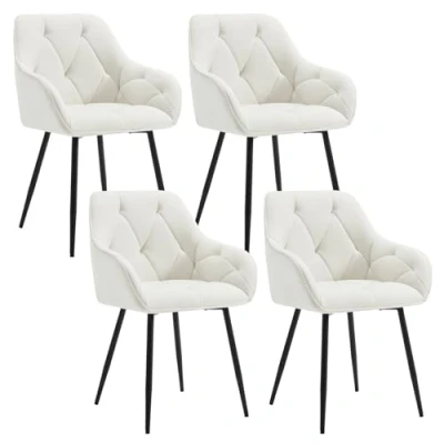 Image of WOLTU Set of 4 Dining Chairs Kitchen Upholstered Living Room with Backrest, Armrests, Metal Legs, Ergonomic for Lounge, Office, Dressing Table Chairs, Velvet, Cream