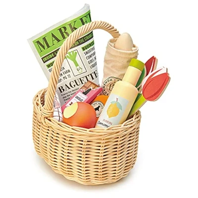 Image of Tender Leaf Toys Wicker Shopping Basket Wooden Pretend Play Food Accessory Toy For Children