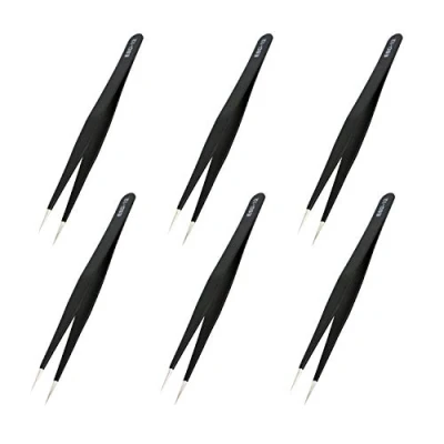 Image of Aoje Link ESD 12 Professional Anti Static Technology Tweezers, Non Magnetic Fine Tip Straight, Stainless Steel Plastic Coated, Full Length 135mm, Black, 6pcs