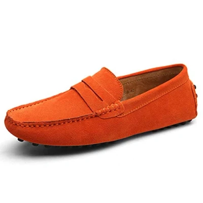 Image of Men Suede Loafers Smart Casual Walking Shoes Lightweight Slip On Driving Shoe Boat Orange 8.5 UK