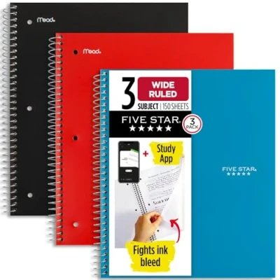 Image of Five Star Spiral Notebook, 3 Subject, Wide Ruled, 8&quot; x 10 1/2&quot;, Pack (930081)