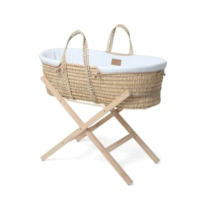 Image of Clair de Lune Organic Palm Moses Basket with Natural Folding Stand, Award Winning Baby Bassinet 75 x 28 cm (White)