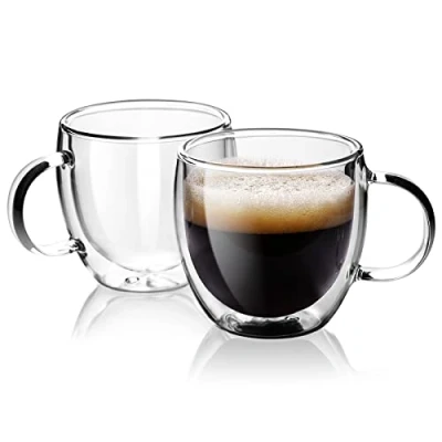 Image of Stylusella Double Wall Glass Espresso Cups 5oz/150ml, A set of 2, Thermo Insulated Borosilicate with Handle