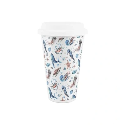 Image of Sea Life Ceramic Travel Mug Ocean Themed Whales Seashells Jellyfish Coastal Present Reusable Silicone Lid Double Walled Insulated Hot/Cold Drinks Tea Coffee Gift