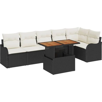 Image of vidaXL 7 Piece Garden Sofa Set with Cushions Black Poly Rattan
