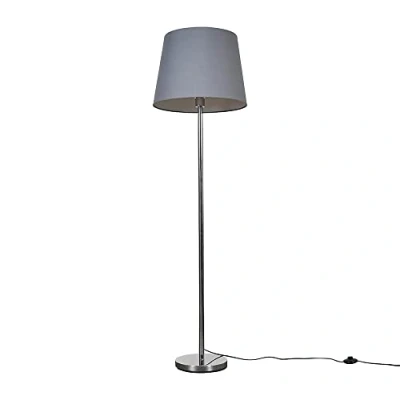 Image of MiniSun Modern Polished Chrome Metal Standard Floor Lamp with a Grey Tapered Shade