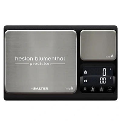 Image of Heston Blumenthal Precision by Salter 1049A HBBKDR Digital Kitchen Scale Dual Electronic Baking Scale, Large 10kg Platform, Small 200g Add &amp; Weigh Tare Function, Stainless Steel