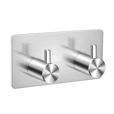 Image of Double Silver Towel Holder,Self Adhesive,Sticky,Robe,Coat,Wall,Brushed Stainless Steel,3M,Wall Hook,Hanging,Bathroom,Towels,Stick on,Back of Door Hooks,Tea Towels,Kitchen,Metal Hooks,Towel Hooks