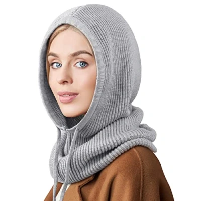 Image of DRESHOW Winter Hats for Women Balaclava Knit Beanie Skull Cap with Drawstring Warm Hooded Scarf Hat