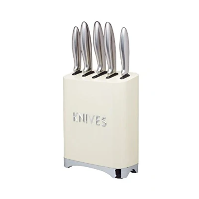 Image of KitchenCraft Lovello LOVKNBCRE Retro 5 Piece Stainless Steel Knife Set and Block Vanilla Cream, 19 x 10 24.5 cm
