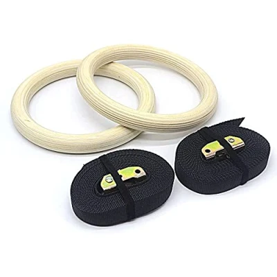 Image of EVERGD 32mm Wooden Gymnastic Rings Adjustable Hoops with Buckle Straps For Crossfit Strength Home Workout Muscle Training Pull Ups