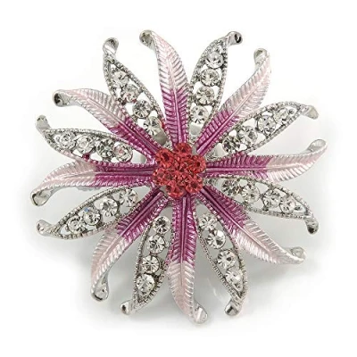 Image of Avalaya Pink/Magenta Enamel Diamante &#039;Flower&#039; Brooch in Silver Plating 4.5cm Diameter