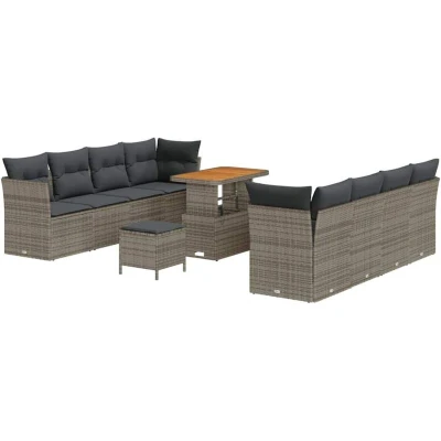 Image of vidaXL 11 Piece Garden Sofa Set with Cushions Grey Poly Rattan Acacia