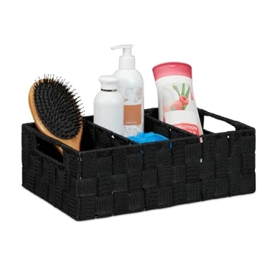 Image of Relaxdays Storage Basket with Compartments, Bathroom Cosmetics Bin, Box, Handles, HWD: 10x32x21 cm, Black, PP, Metal, Pack of 1